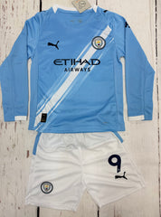 Youth Haaland Jersey Blue 25-26’ Man City Long Sleeve Kit Kids Soccer Sets (Jersey+Shorts)