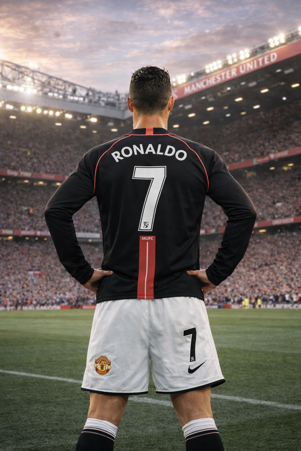 Youth Ronaldo Retro Jersey Black Long Sleeve Manchester United Kit (Jersey+Shorts)