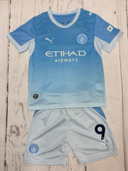 Youth Haaland Jersey Blue 26-27’ Man City Kit Kids Soccer Sets (Jersey+Shorts)
