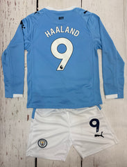 Youth Haaland Jersey Blue 25-26’ Man City Long Sleeve Kit Kids Soccer Sets (Jersey+Shorts)