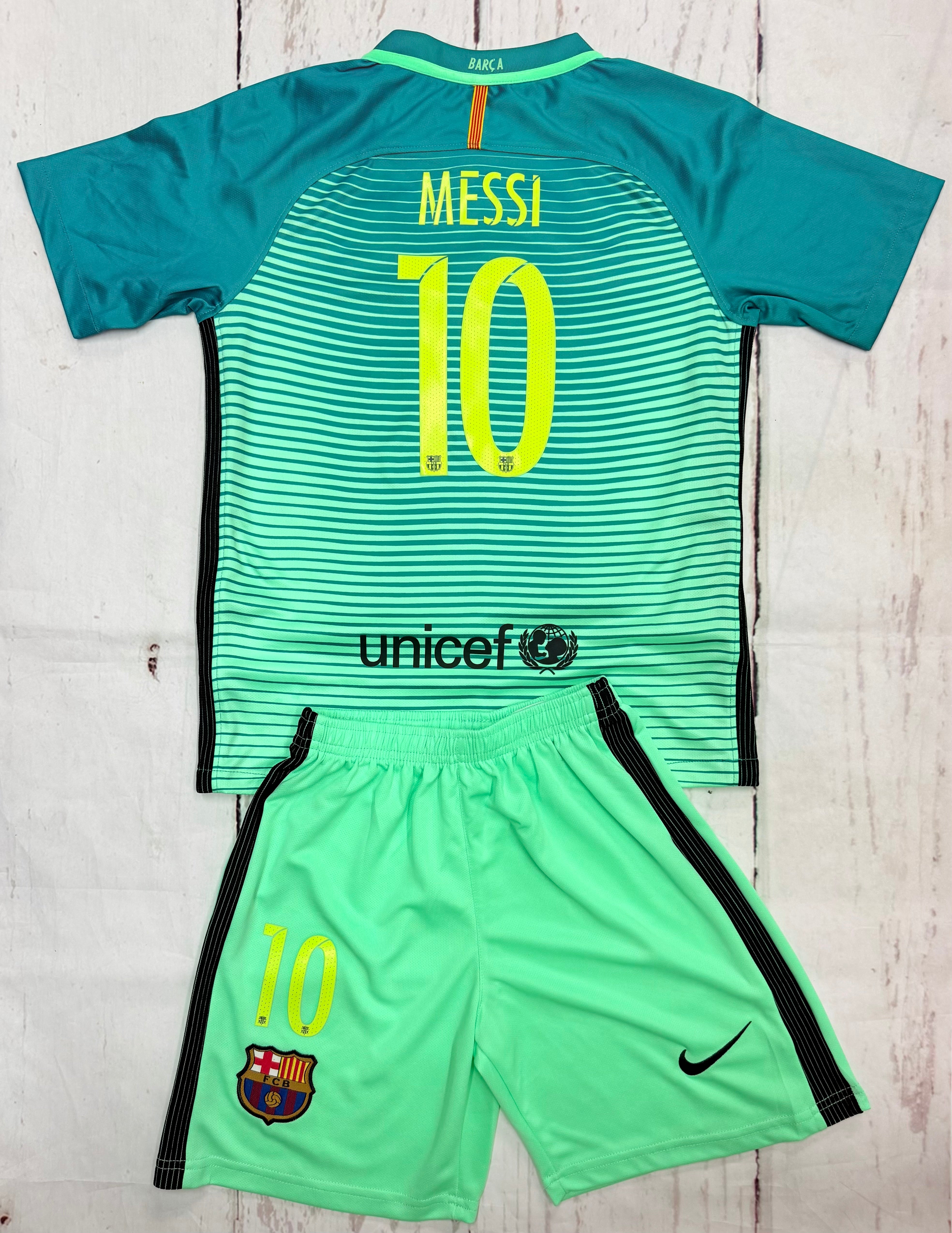 Youth Messi Retro Jersey Kit Teal Barcelona (Jersey+Shorts) Kids Set