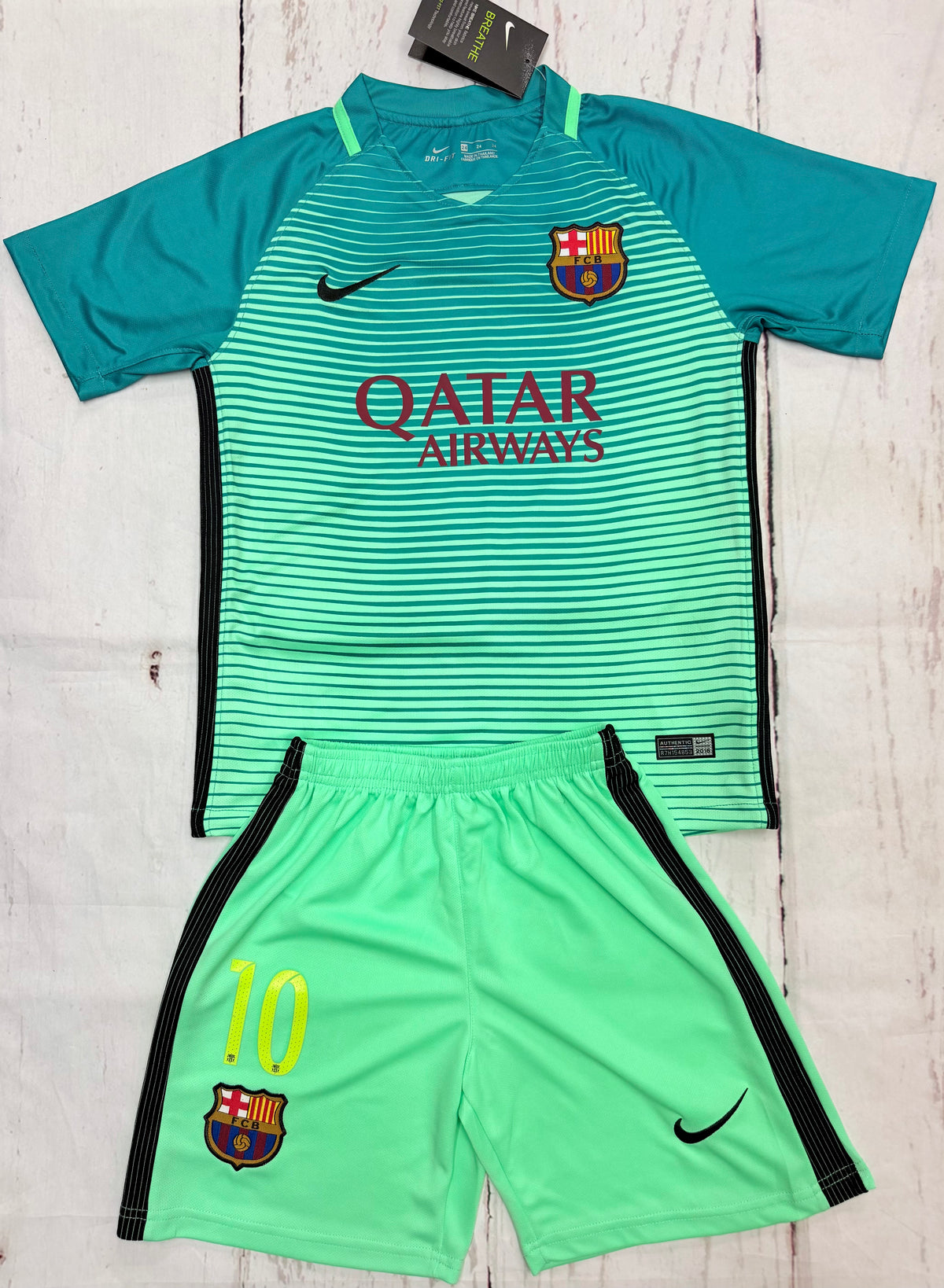Youth Messi Retro Jersey Kit Teal Barcelona (Jersey+Shorts) Kids Set