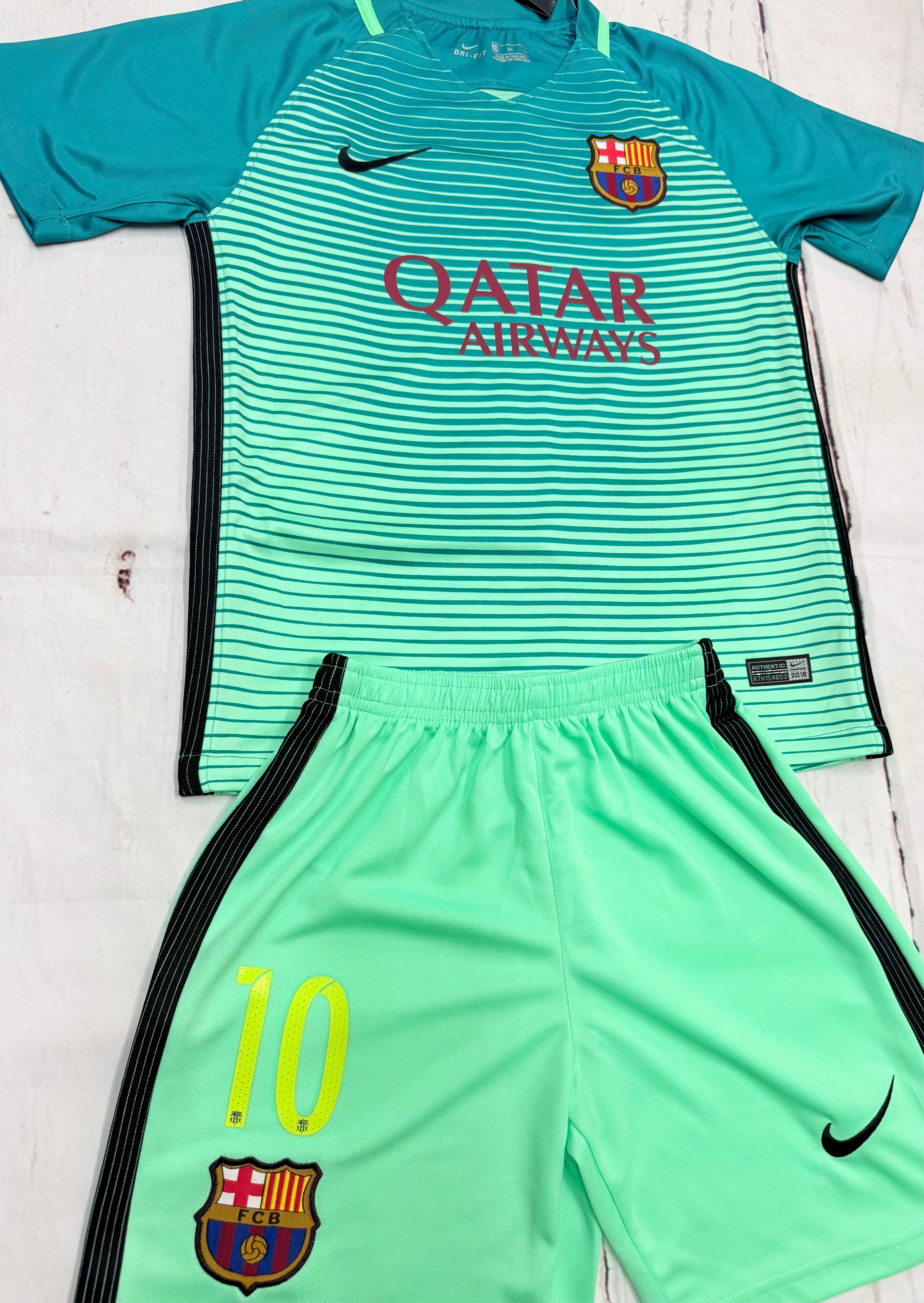 Youth Messi Retro Jersey Kit Teal Barcelona (Jersey+Shorts) Kids Set
