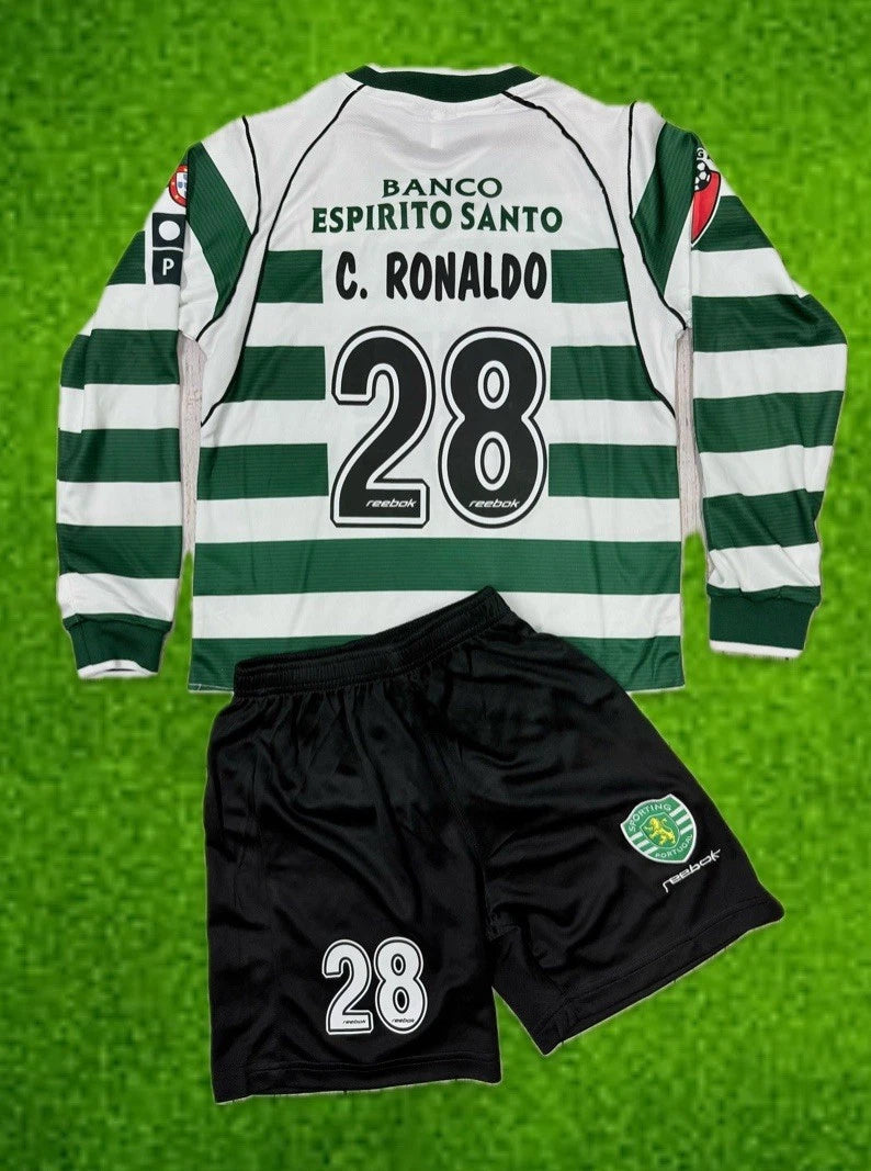 Youth Ronaldo Retro Jersey Long Sleeve Sporting CP Kit (Jersey+Shorts)